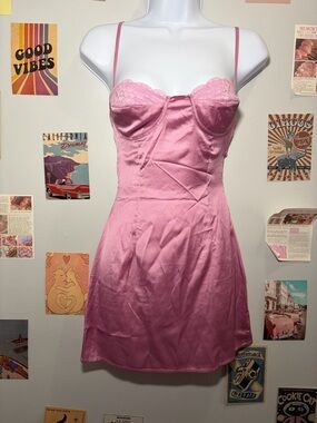 Beginning Boutique Pink Satin Lace Mini Dress